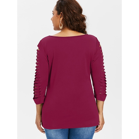 ☀ Rose Red Plus Size Long Sleeve Shredded Top ☀ - Picture 6 of 8